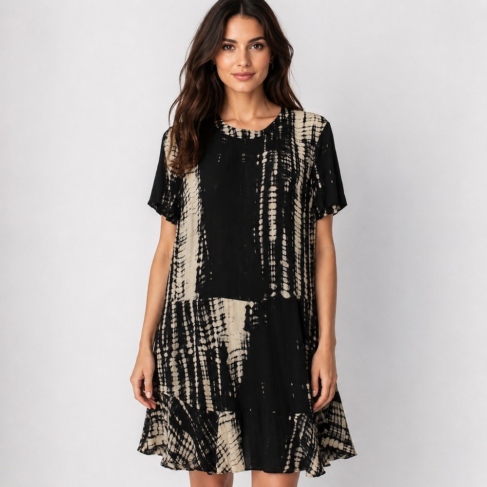 A.L.C. 100% Silk Black Ivory Tie Dye Shift Dress Minimalist Luxury Midi Size 8